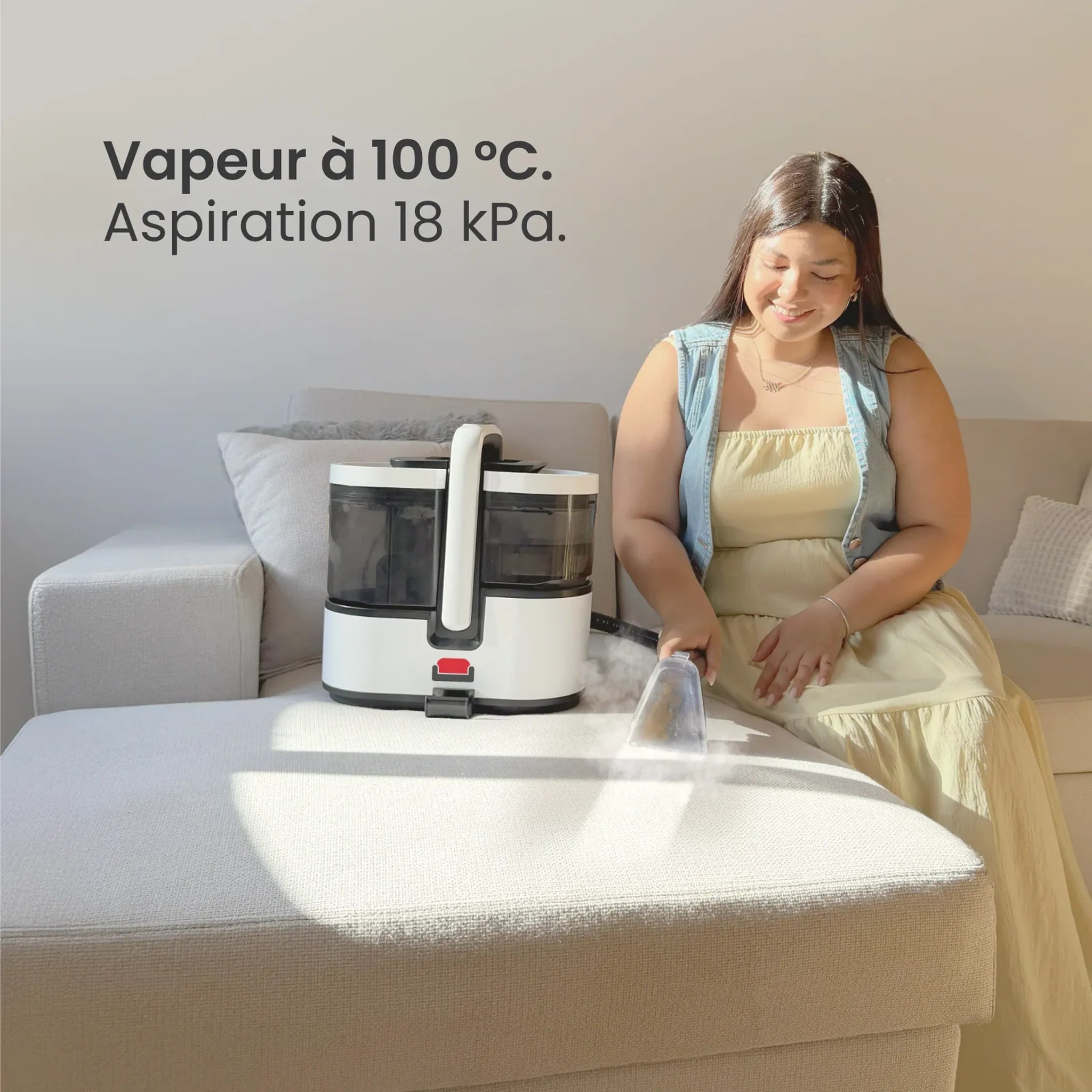 Vapeur à 100 °C et aspiration 18 kPa sur un canapé
