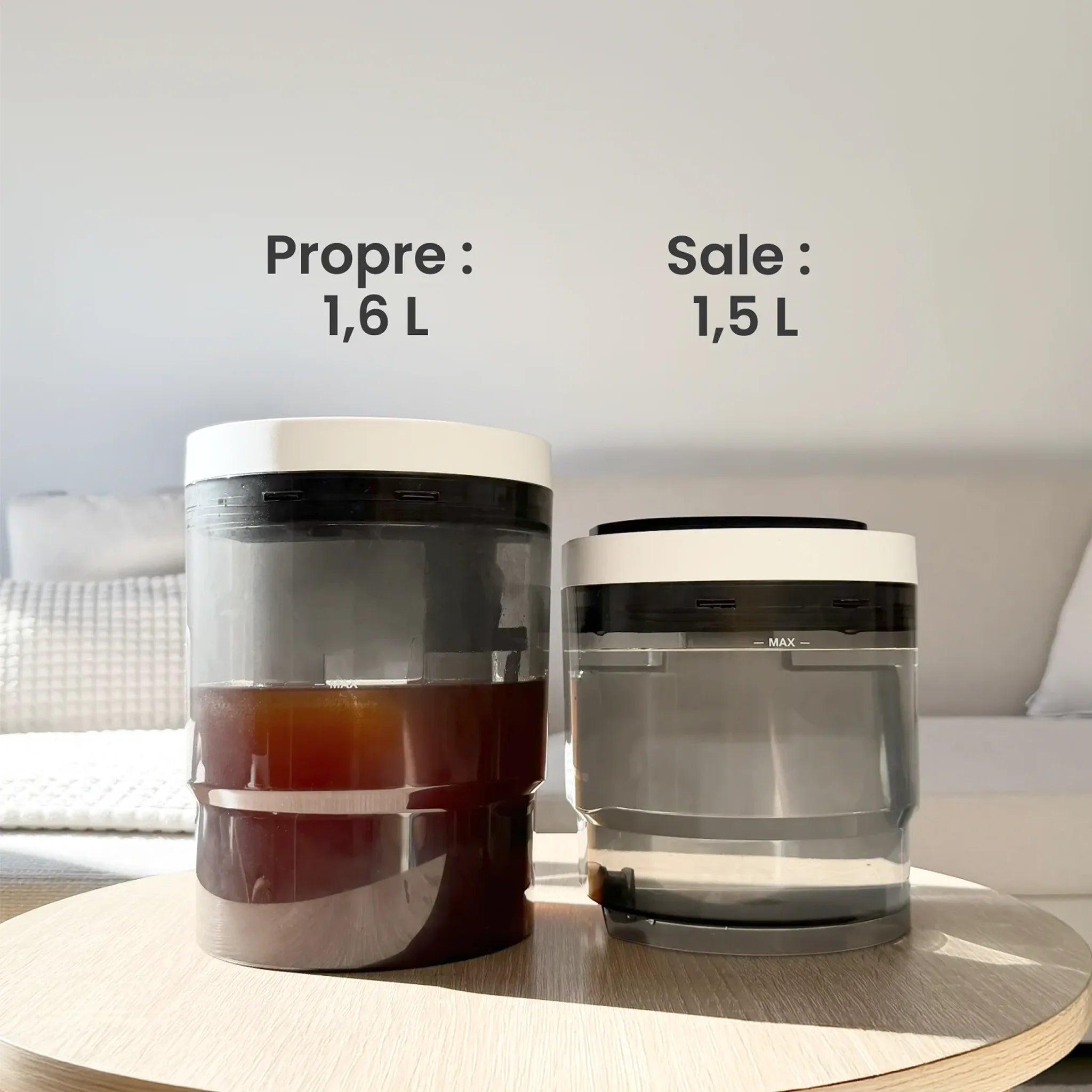 Réservoirs du LuxeSteam Pro : eau propre 1,6 L et eau sale 1,5 L